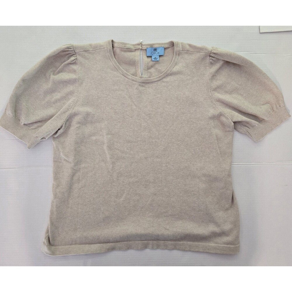 CeCe Solid Beige Knit Pullover Sweater Crew Neck Puff 3/4 Sleeve Keyhole XL